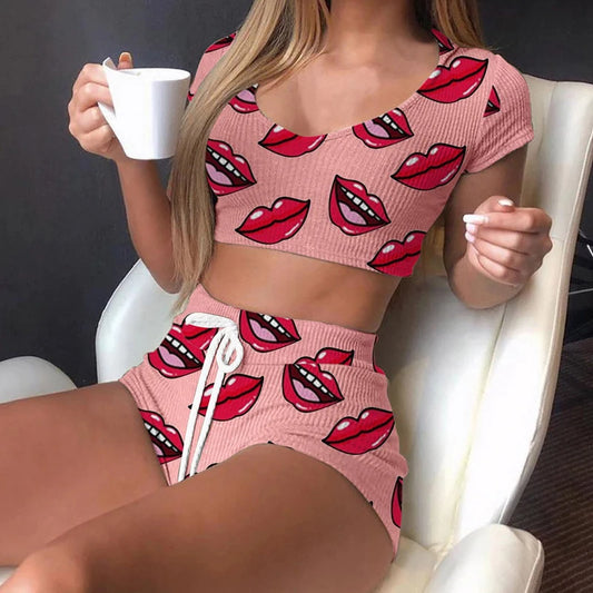 Summer Short Sexy Casual Lips Print Female Sleepwear Suit Pajamas Top+Pants Skinng Women Homewear Underwear